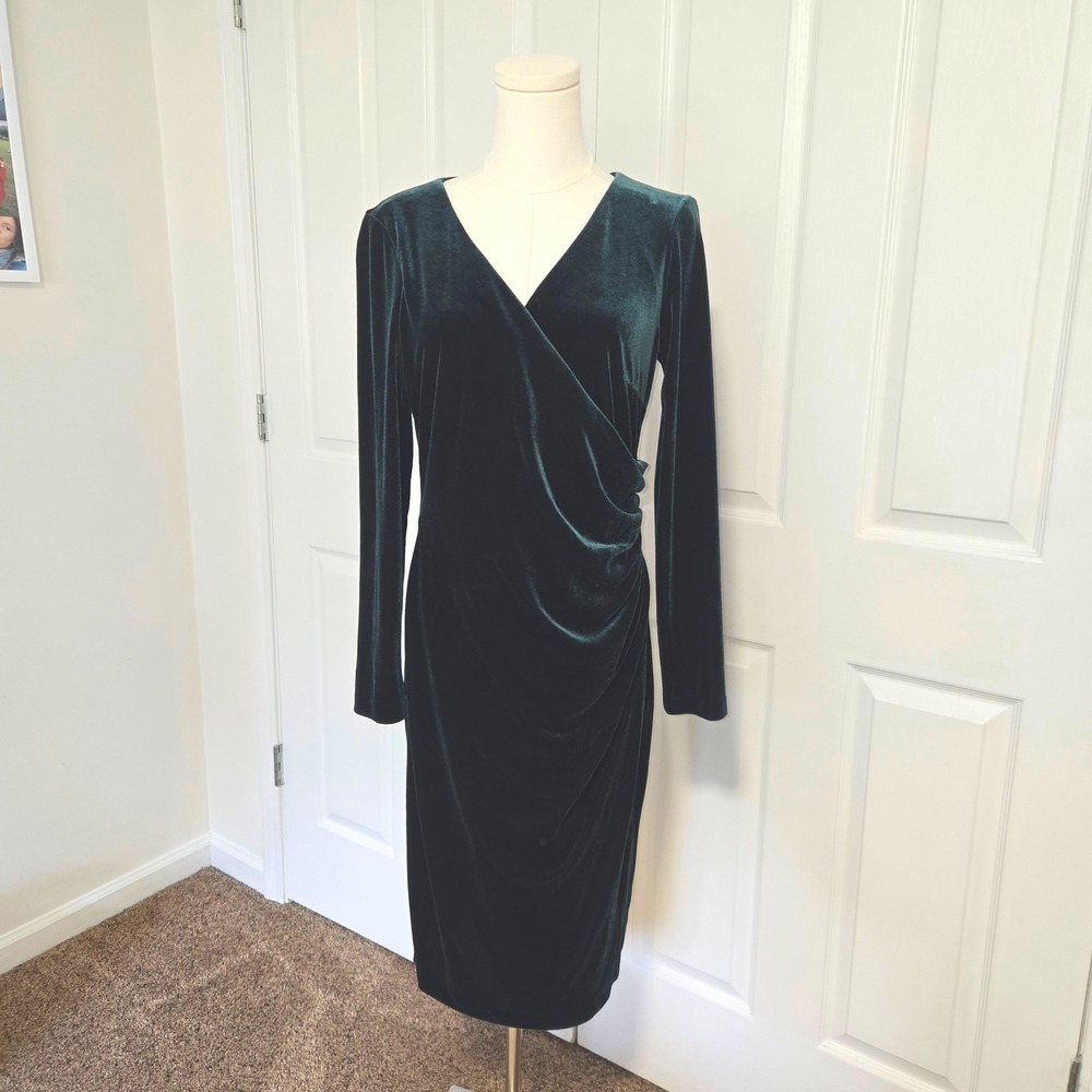Lauren Ralph Lauren‎ Velvet Dress Womens 10 Green Ruched Faux Wrap V-Neck Midi